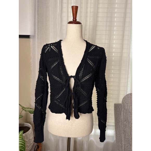 Rebecca Taylor Ribbon Tie Crochet Cardigan Black Size Medium - Picture 2 of 7